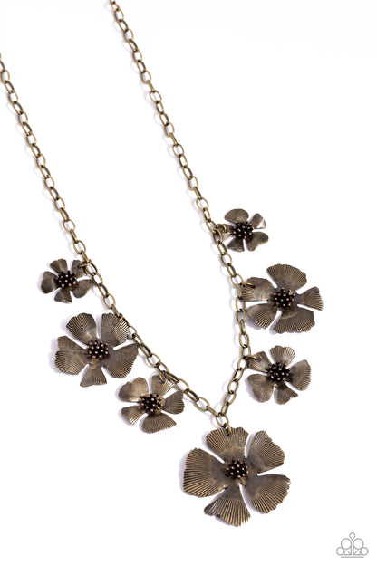 Paparazzi Prideful Pollen Brass Floral Necklace, Get Free Shipping. #P2WH-BRXX-181XX. Short Necklace