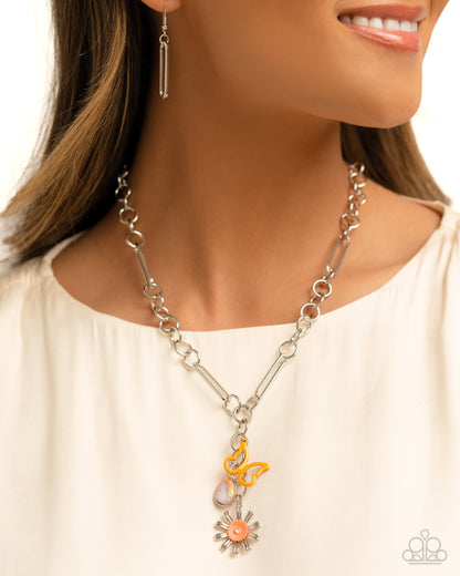 Aerial Adventure Orange Necklace Paparazzi Accessories. Butterfly charm, desert flower, teardrop