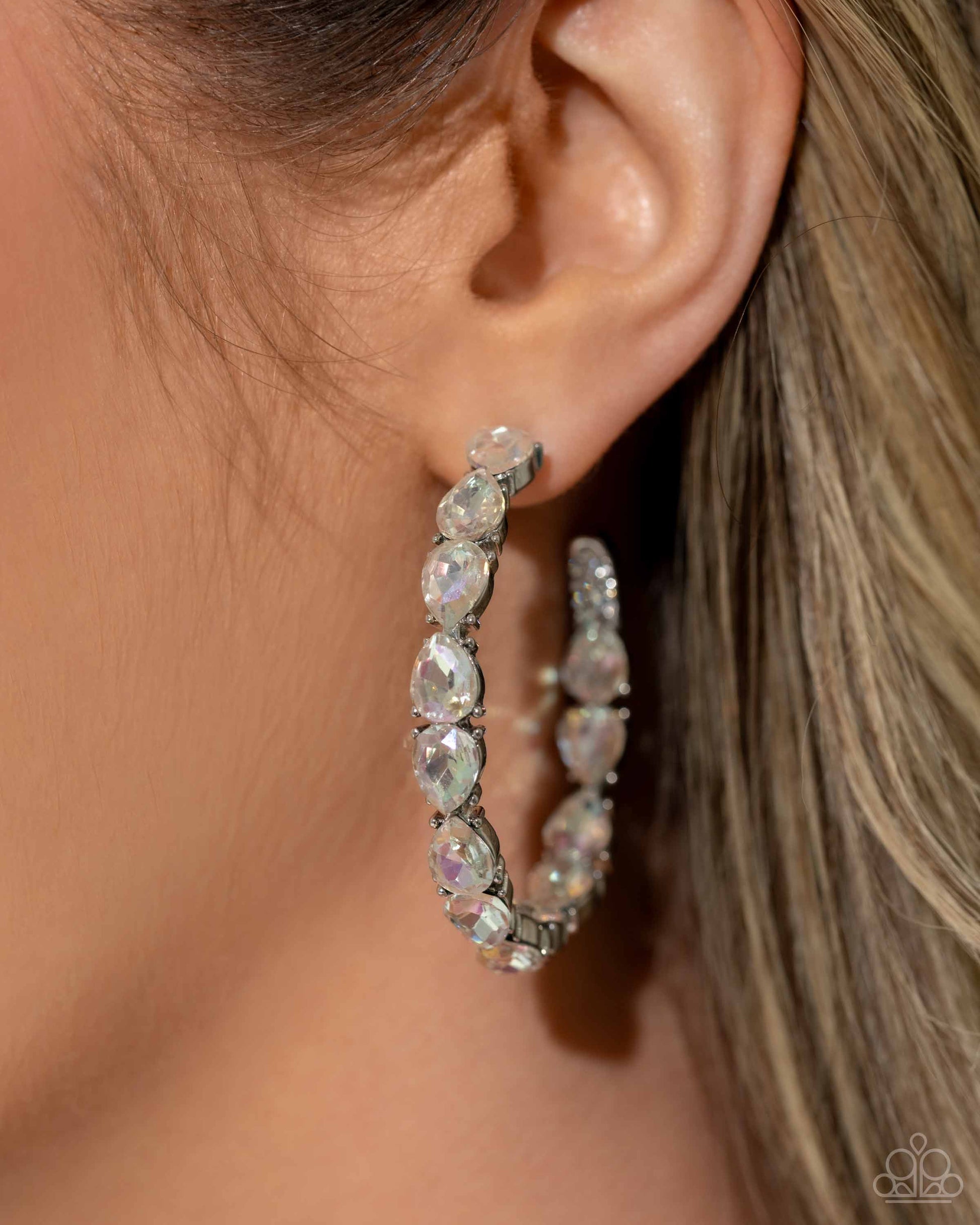 Paparazzi Presidential Pizzazz white rhinestone Earrings.Bridal hoops, affordable jewelry.Ships free