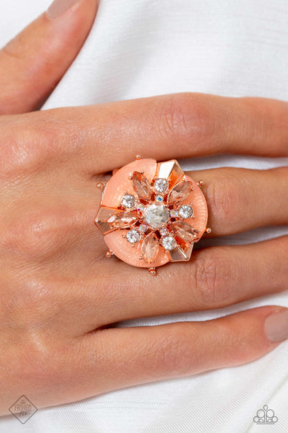 Paparazzi December 2023 Fashion Fix Ring: "Soft-Hearted Salvage - Rose Gold" ring. 