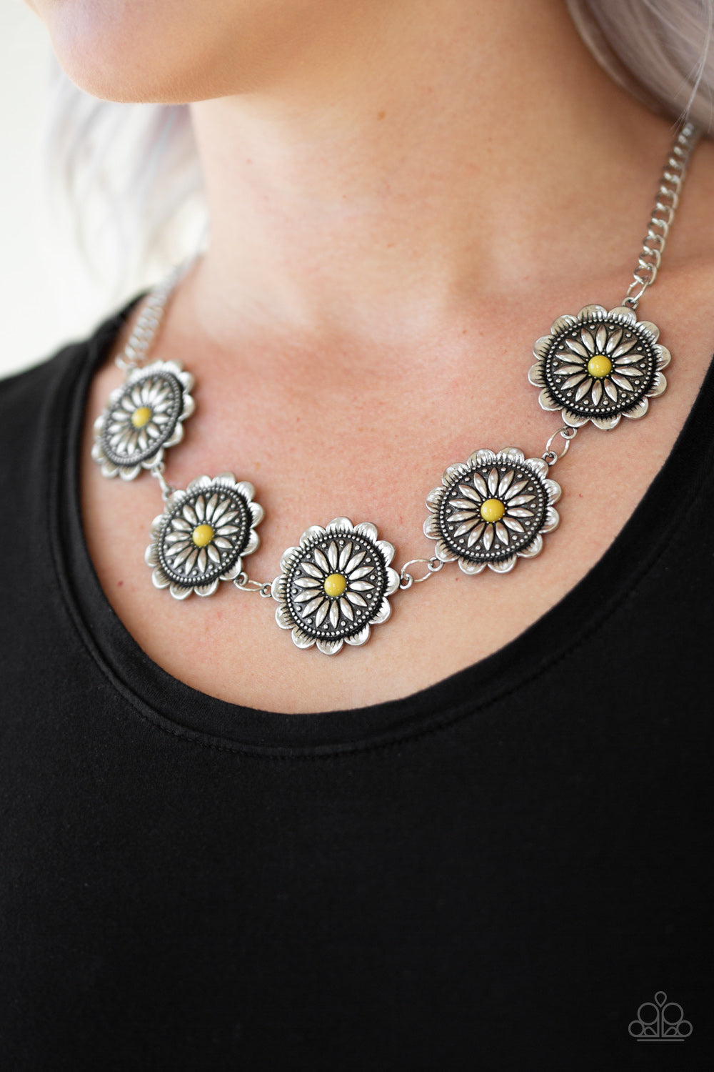 Paparazzi Me-dallions, Myself, and I Necklace Paparazzi Accessories. Yellow Floral Necklace. 