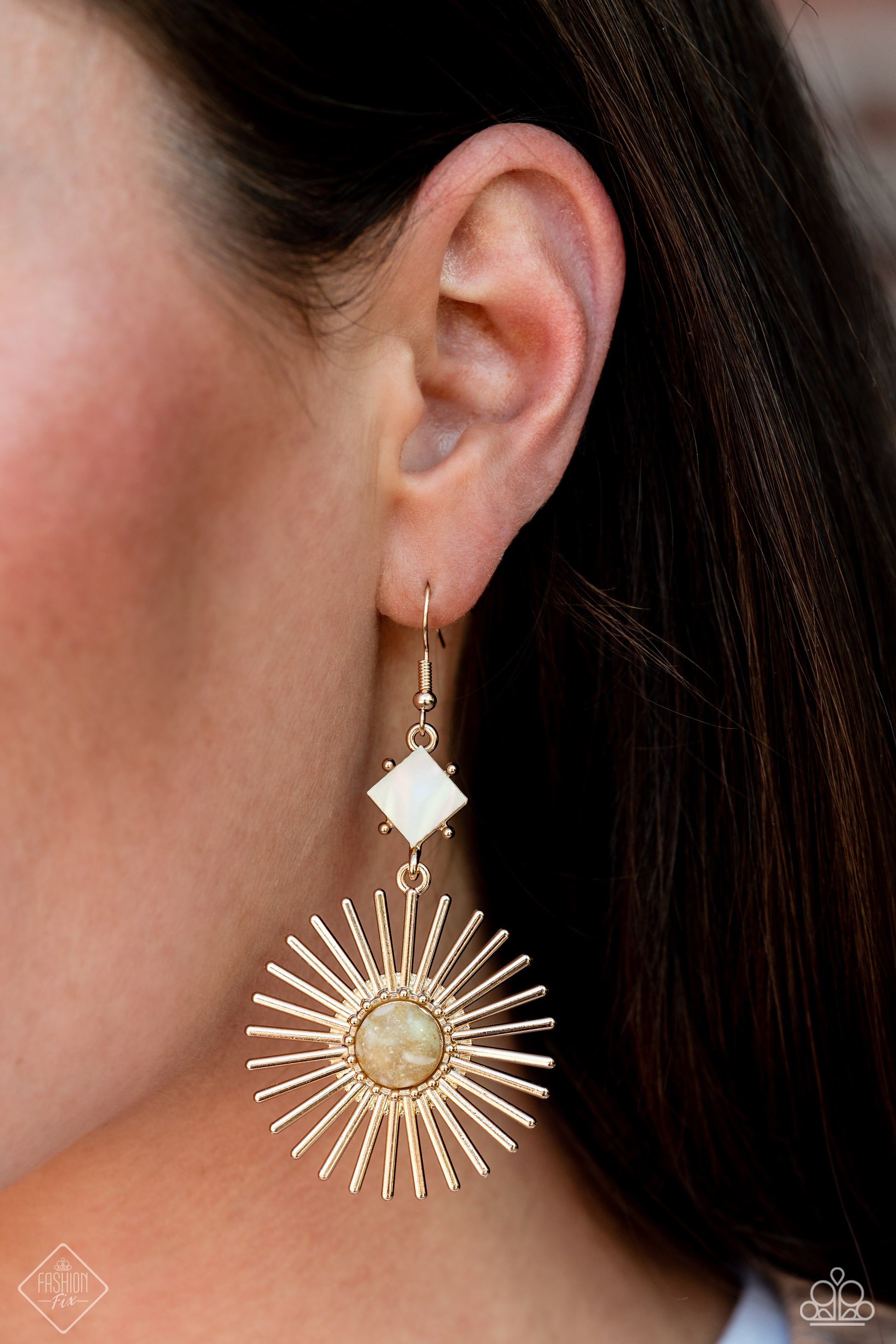 Paparazzi Fashion Fix Earring: "Seize the Sunburst - Gold" (P5ST-GDXX-037PD). Get Free Shipping