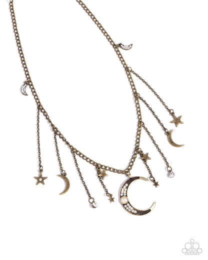 Paparazzi Stellar Selection Brass Crescent Moon and Star Necklace. #P2WH-BRXX-184XX. Ships Free