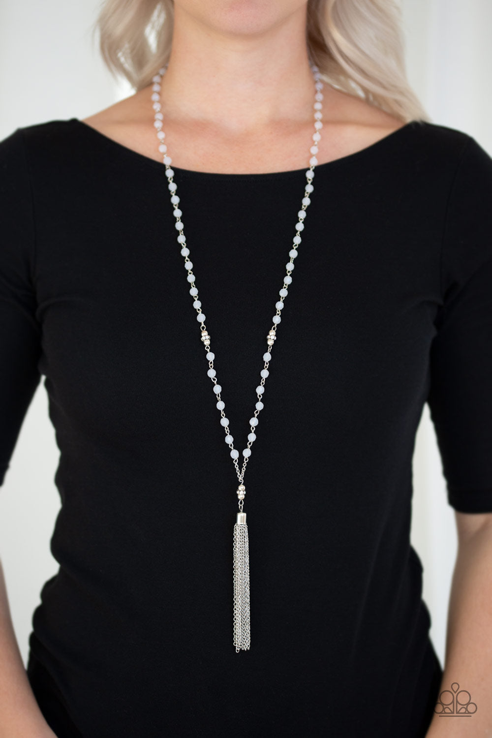 Paparazzi Tassel Takeover White Necklace. #P2WH-WTXX-251XX. Get Free Shipping