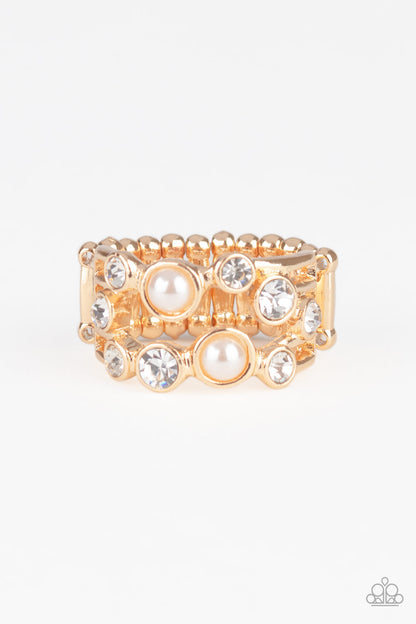 Treasure Treatment Gold Ring Paparazzi Accessories Pearl Ring with white rhinestone in a Gold frame