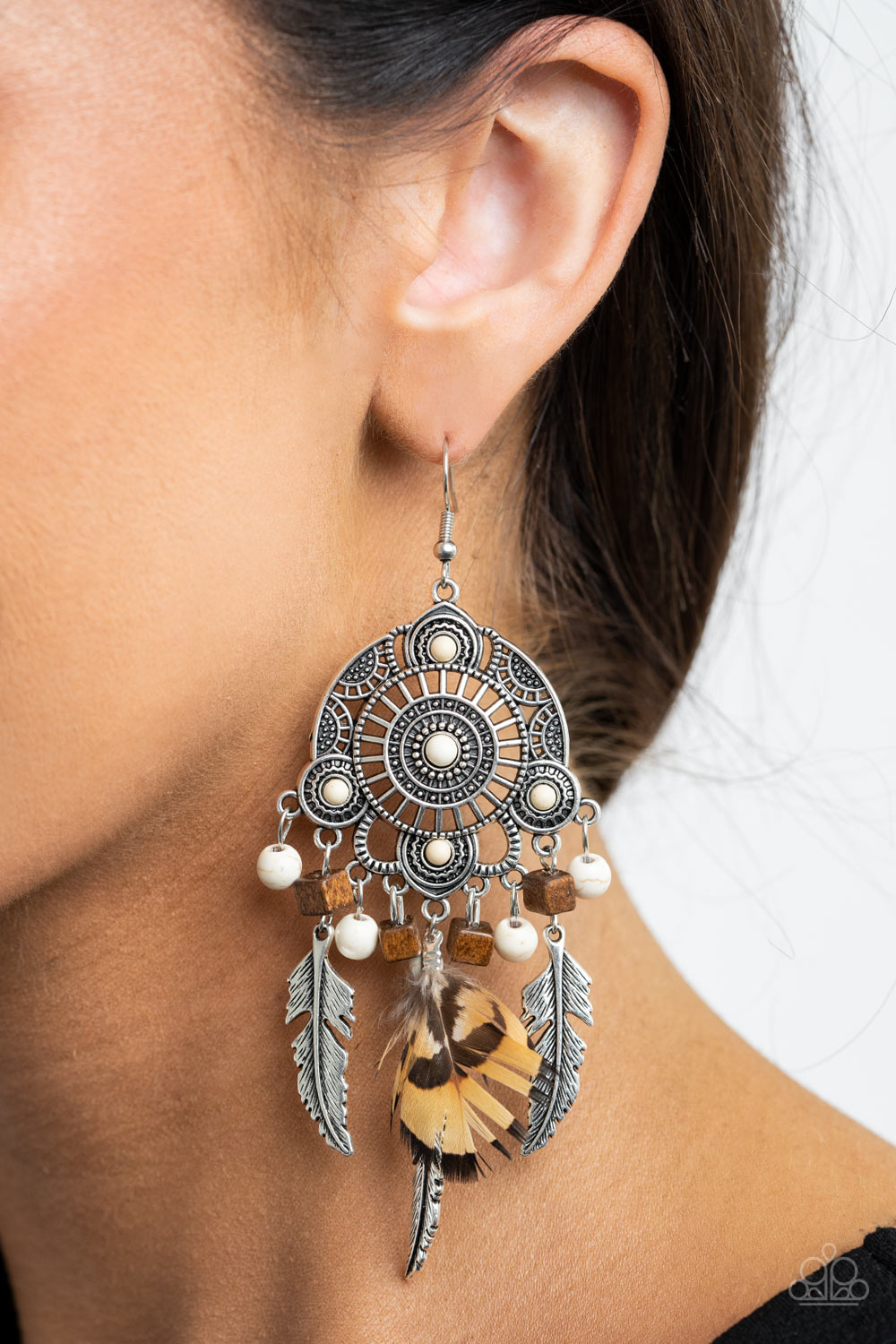 Paparazzi Earring ~ Desert Plains - White Feather Earring