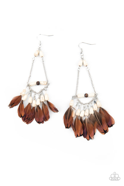 Paparazzi Haute Hawk - White and Brown Feather Earring