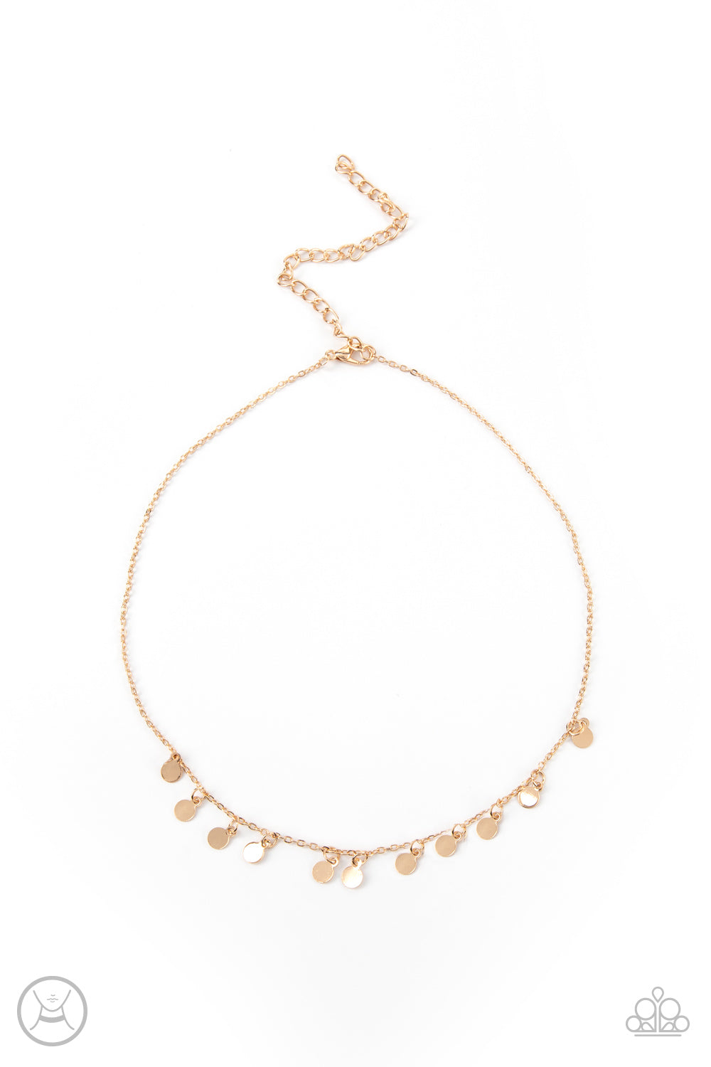 Ready, Set, DISCO! - Gold Dainty Necklace Paparazzi Accessories. #P2CH-GDXX-056XX. Ships Free