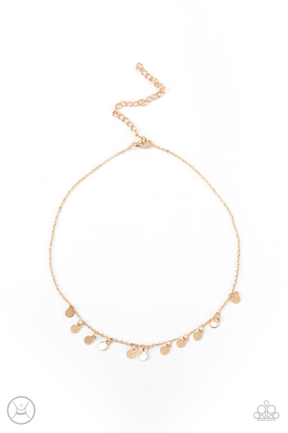 Ready, Set, DISCO! - Gold Dainty Necklace Paparazzi Accessories. #P2CH-GDXX-056XX. Ships Free