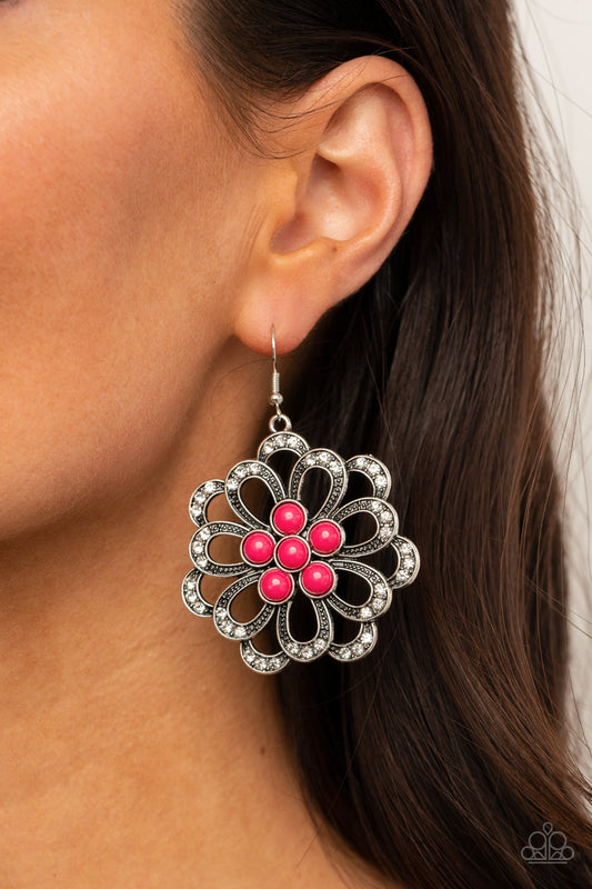 Paparazzi Earring ~ Dazzling Dewdrops - Pink Floral Earring