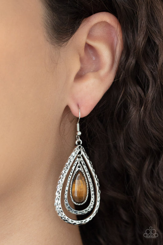 Paparazzi Earring Teardrop Torrent Brown Tiger's Eye Stone Earring