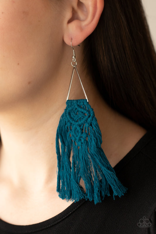 Paparazzi Earrings ~ Modern Day Macrame - Blue Tassel Earring