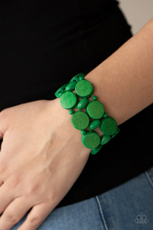 Beach Bravado Green Wooden Stretchy Bracelet Paparazzi Accessories. #P9SE-GRXX-132XX. 