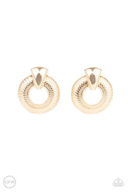 Industrial Innovator Gold Clip-on Earrings Paparazzi Accessories. Free Shipping. #P5CO-GDXX-061XX