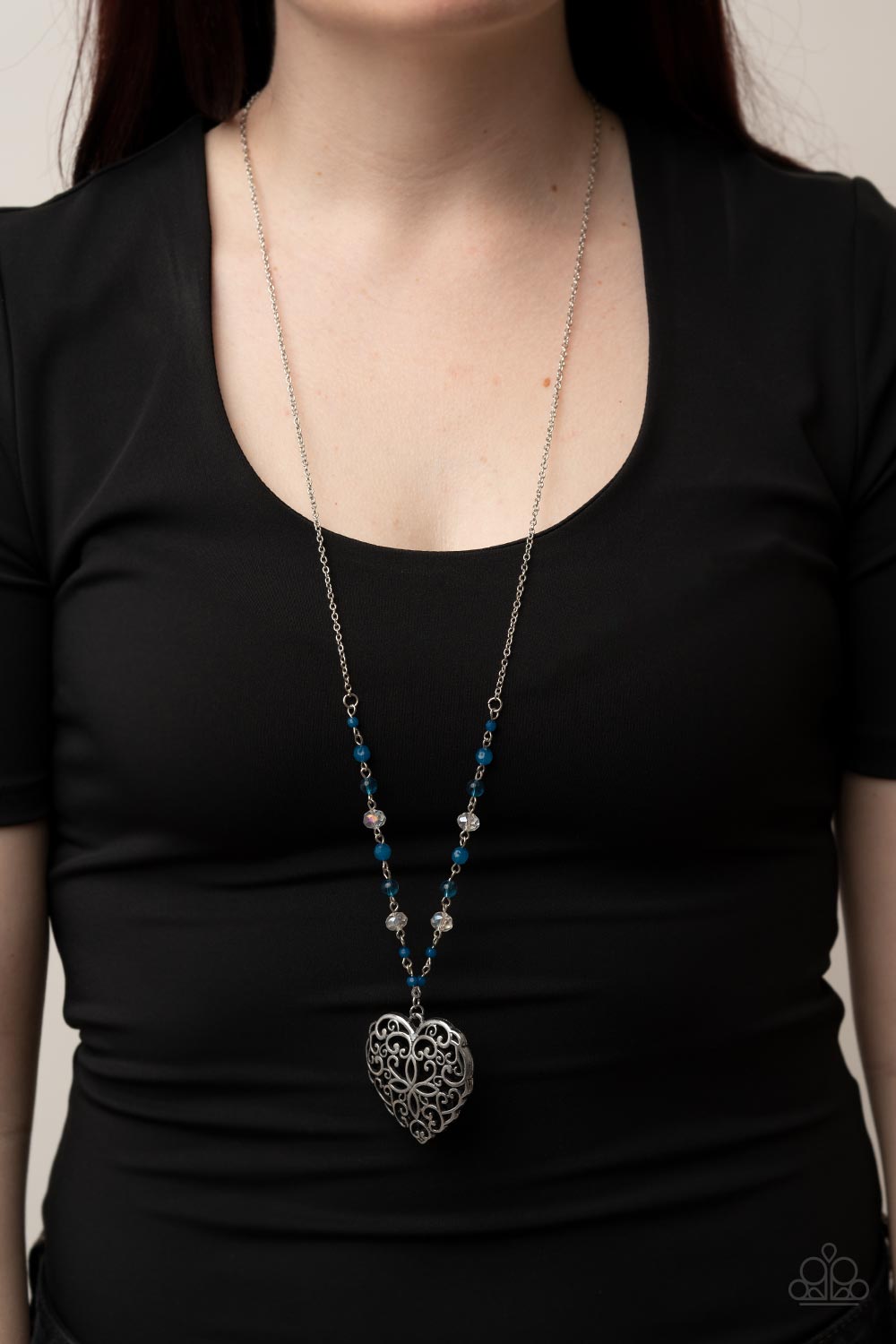 Paparazzi Doting Devotion - Blue Long Necklace with heart pendant. #P2WH-BLXX-432XX. Ships Free!