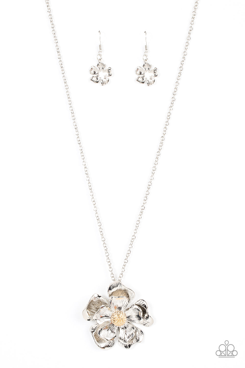 Paparazzi Homegrown Glamour Silver Floral Long Necklace. Get Free Shipping! #P2ST-SVXX-148XX