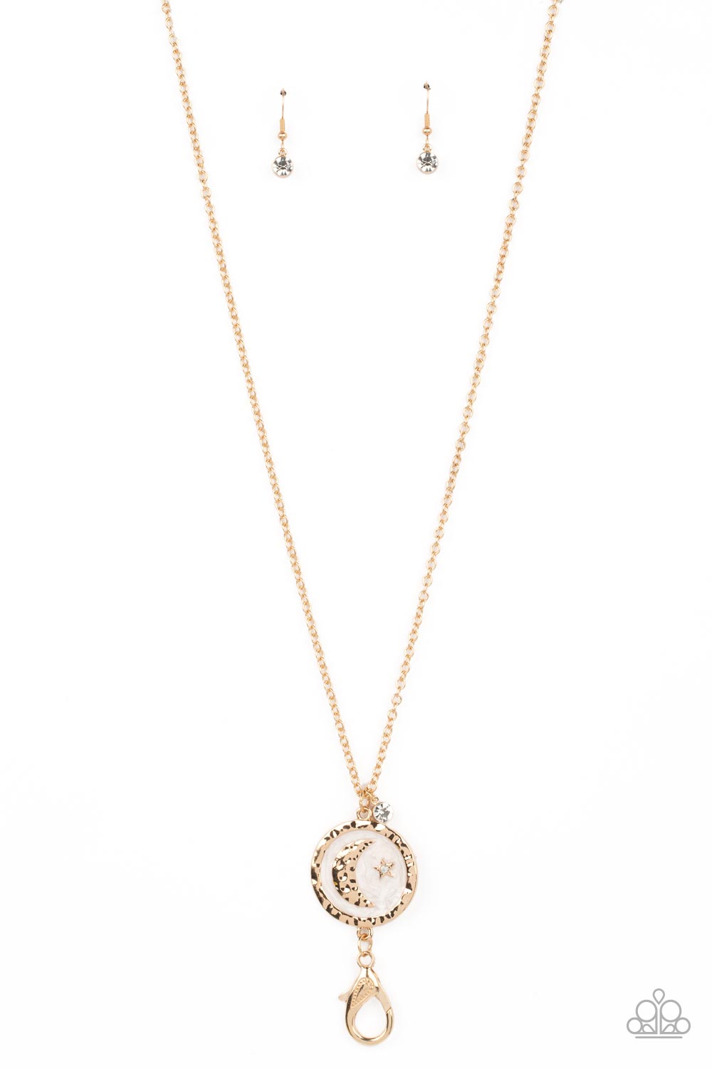 Milky Way Wanderer Gold Moon and Star Long Necklace Paparazzi Accessories. #P2LN-GDXX-038XX