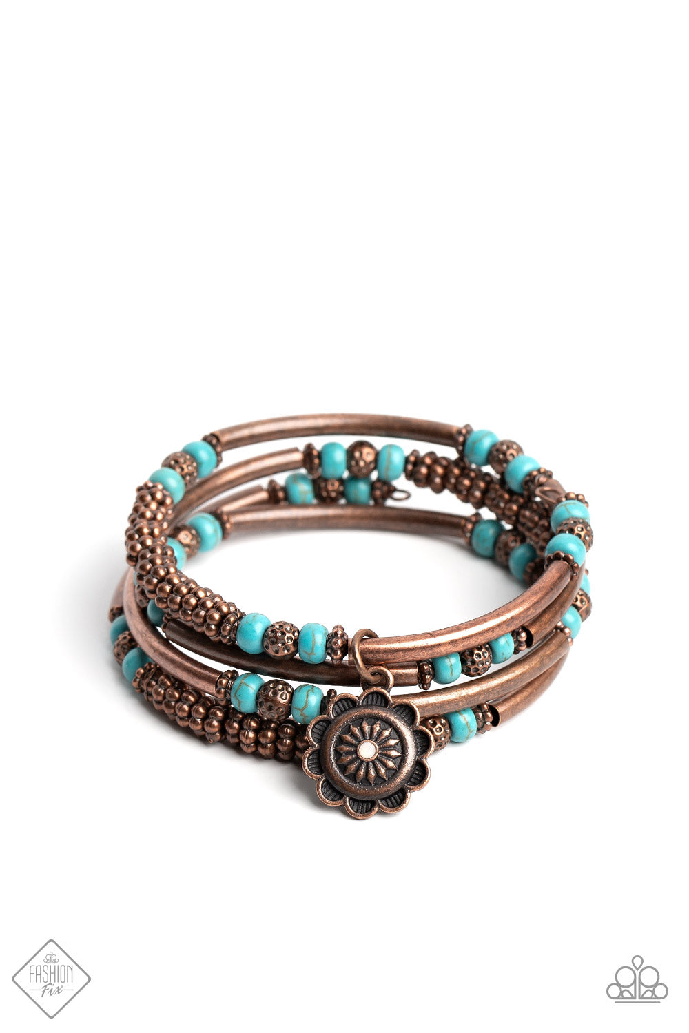 Paparazzi Badlands Bunch Copper Infinity Wrap Coil Bracelet with turquoise Stone. Floral Bracelet