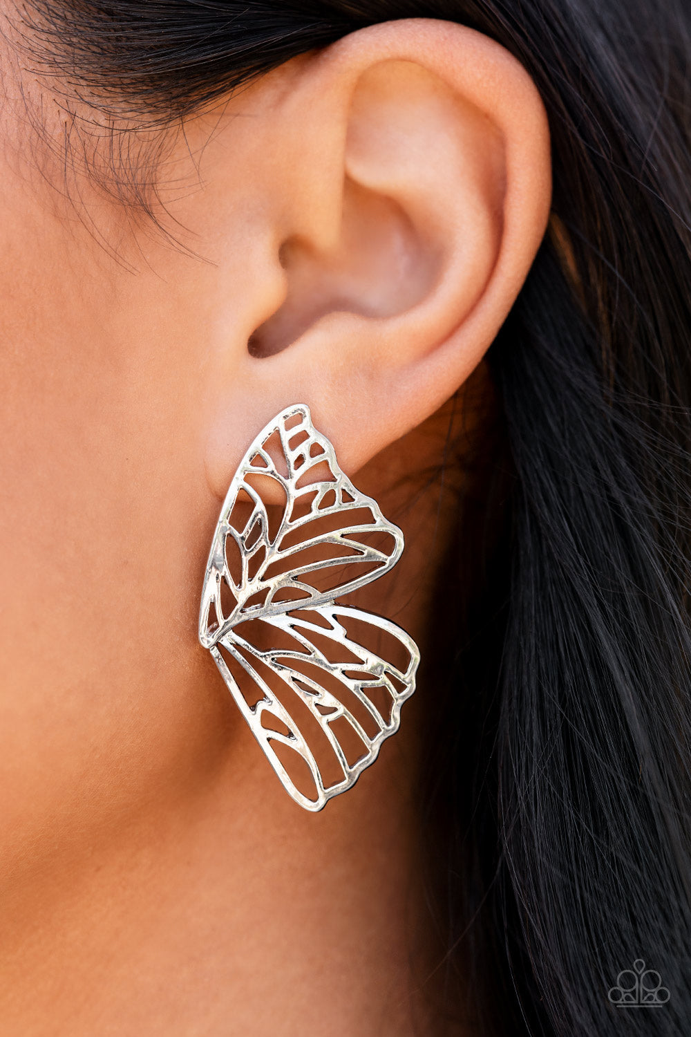 Paparazzi Earrings ~ Butterfly Frills - Silver - August 2021 Life Of the Party Exclusive Earring