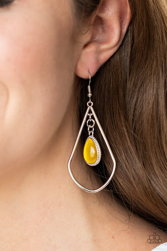 Paparazzi Ethereal Elegance Yellow Earrings. #P5RE-YWXX-040XX. Yellow Cat's Eye stone earring