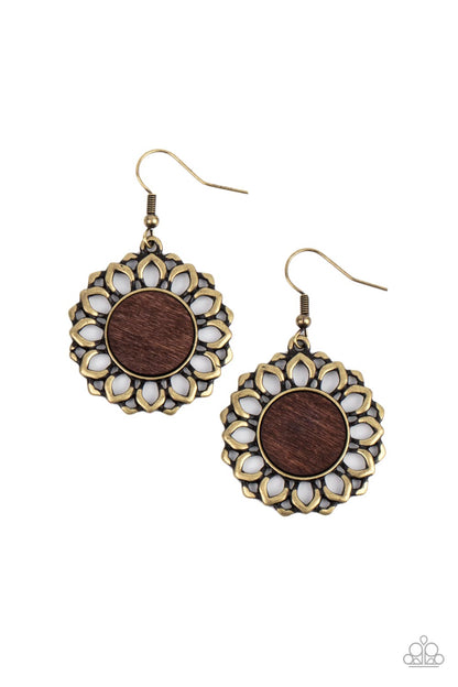 Paparazzi Farmhouse Fashionista - Brass Earring Petal Bloom Wooden Accessories