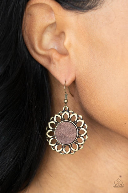 Paparazzi Earring Farmhouse Fashionista - Brass Petal Bloom Floral Earring Brown Wooden