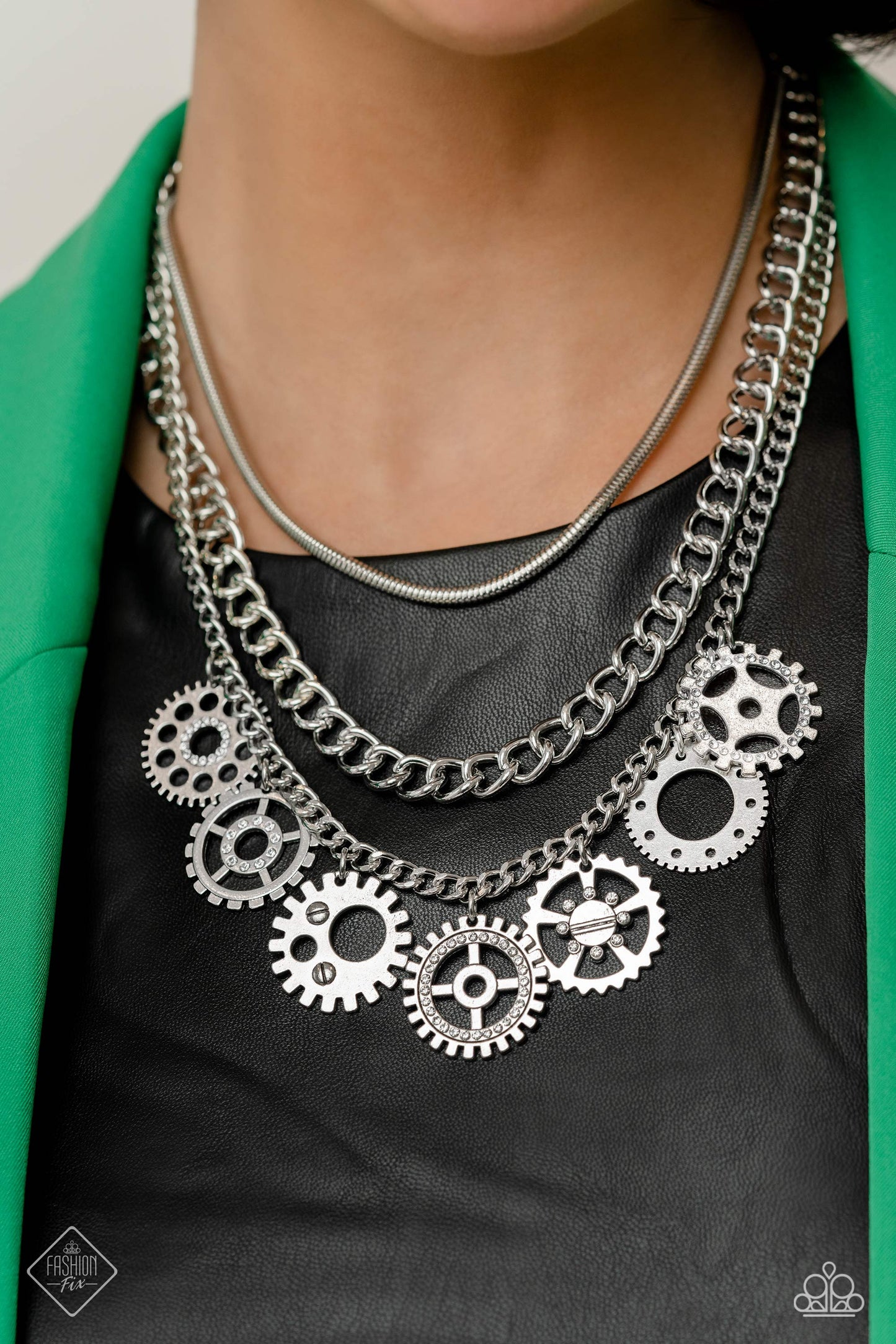 April 2023 Paparazzi Fashion Fix Set Necklace: "Running Out of STEAMPUNK - White" (P2IN-WTXX-048NI)