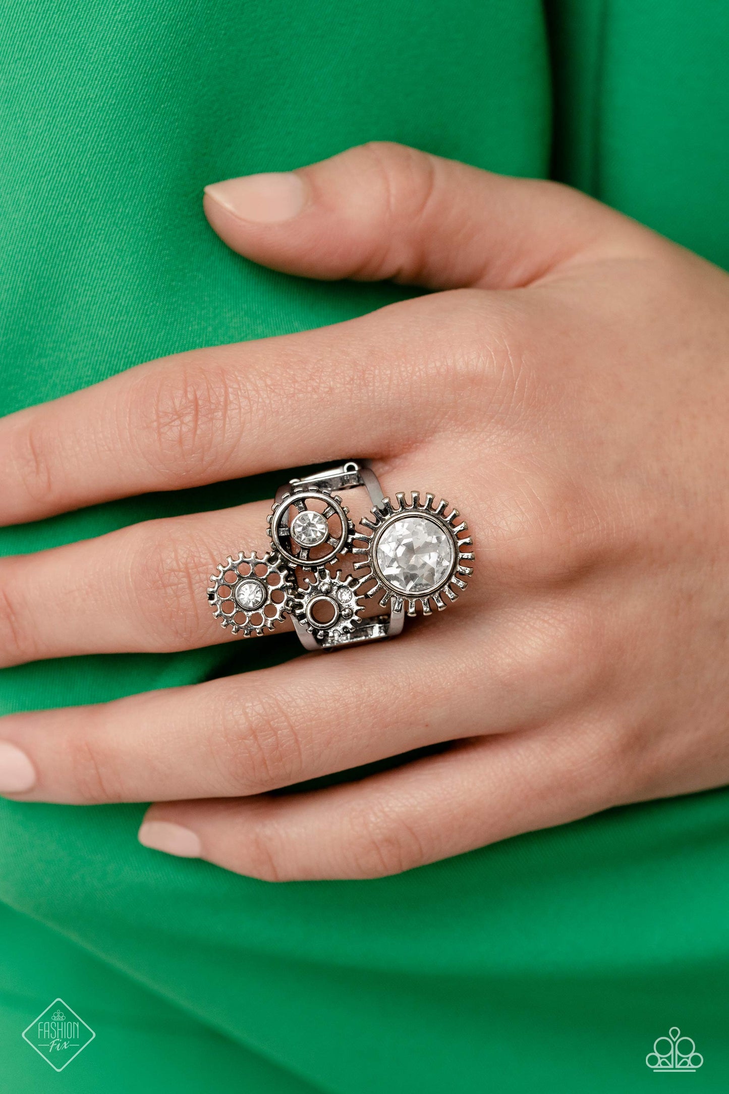 April 2023 Paparazzi Fashion Fix Set Ring: "Blowing Off STEAMPUNK - White" (P4IN-WTXX-023NI) 