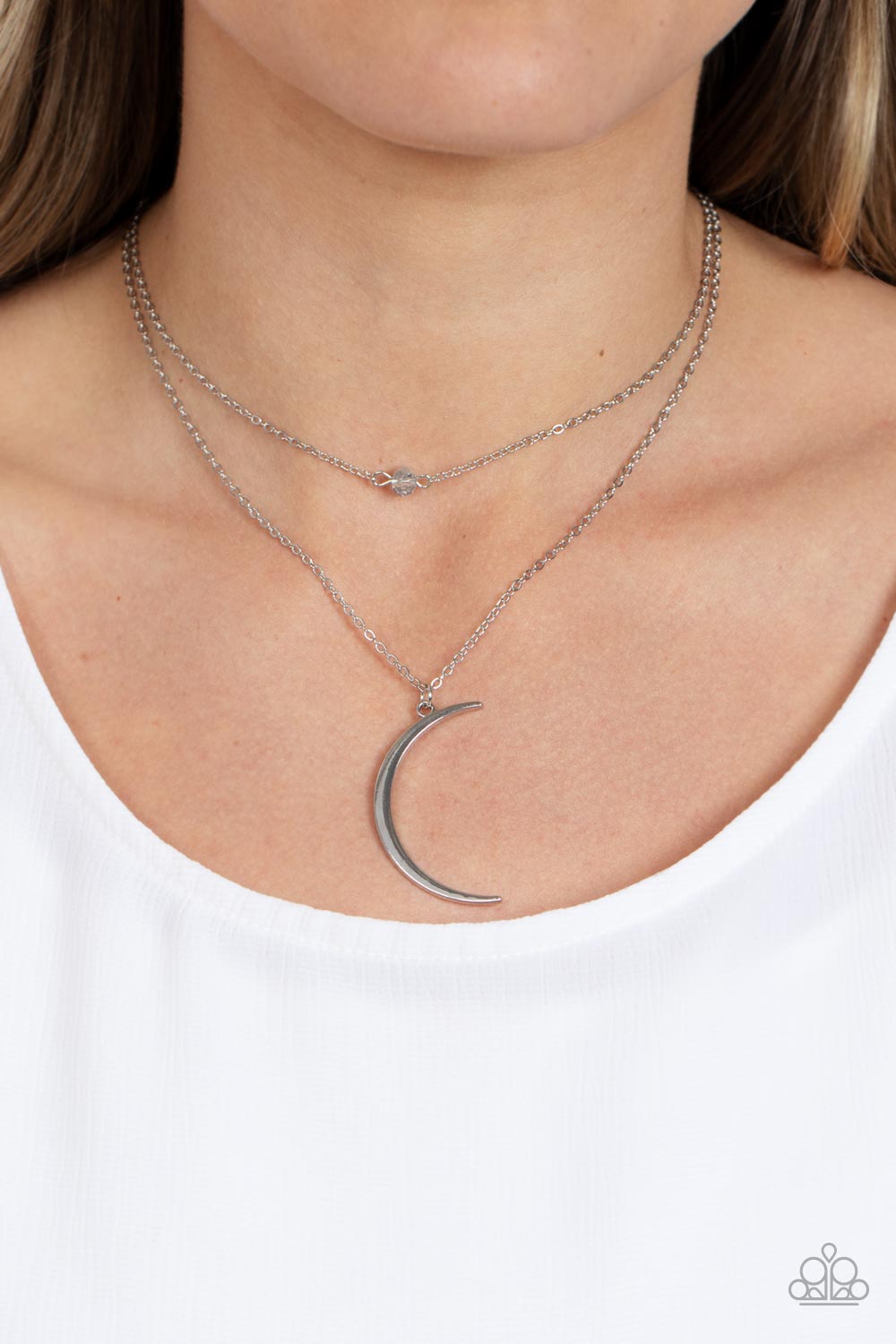 Modern Moonbeam Silver Half Moon Pendant Necklace Paparazzi Accessories. #P2DA-SVXX-284XX.