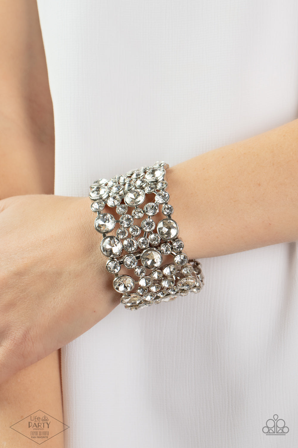 One Up White Rhinestones Zi Bracelet Paparazzi Accessories. Subscribe & Save.  #Z922