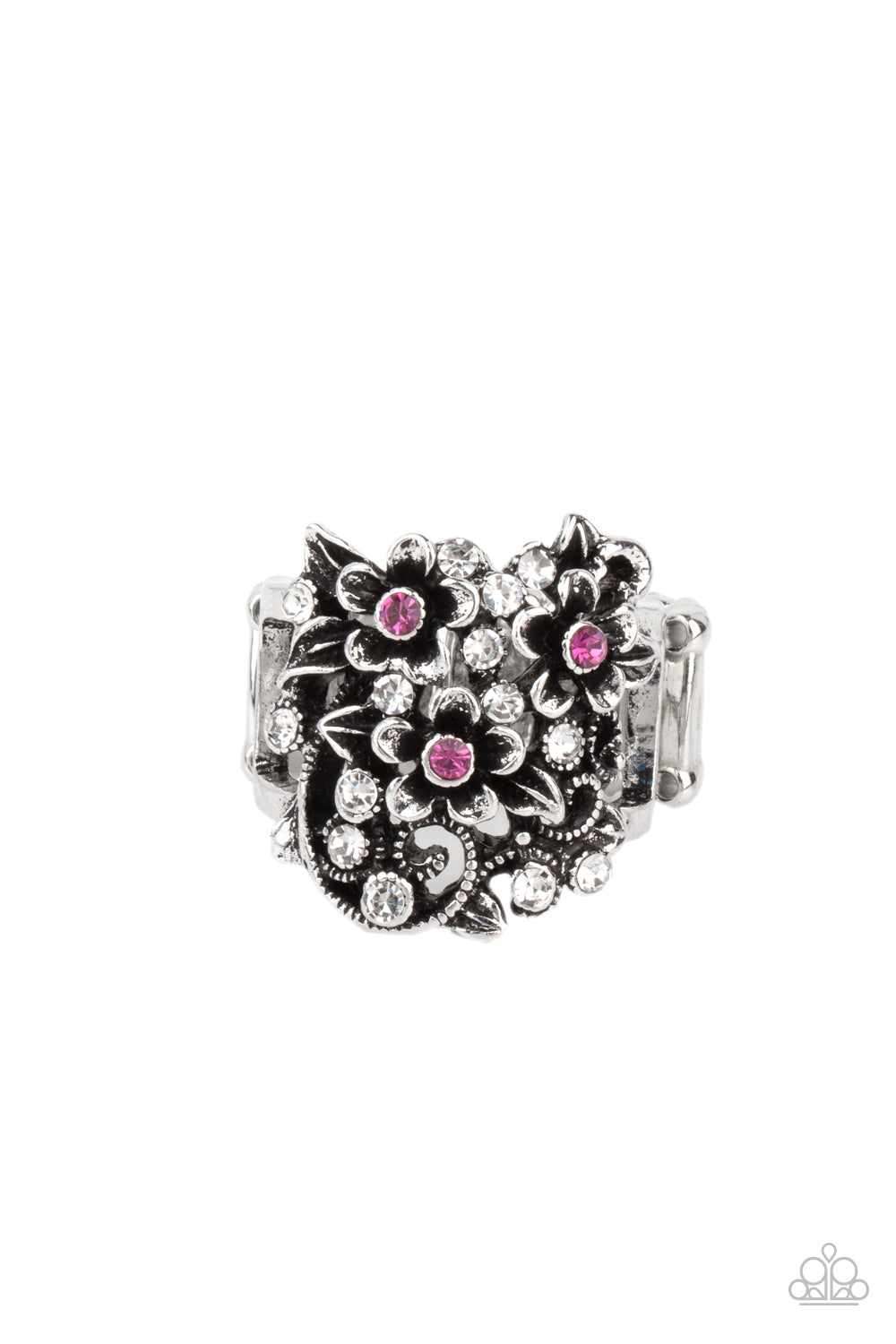 Paparazzi Perfectly Perennial Pink Ring with pink rhinestone floral and leaf design