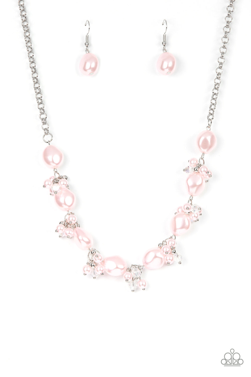 Rolling with the BRUNCHES Pink Necklace Paparazzi Accessories with iridescent crystals and pearls.