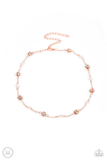 Rumored Romance Copper Necklace with white pearls and white rhinestone. #P2CH-CPSH-046XX. 