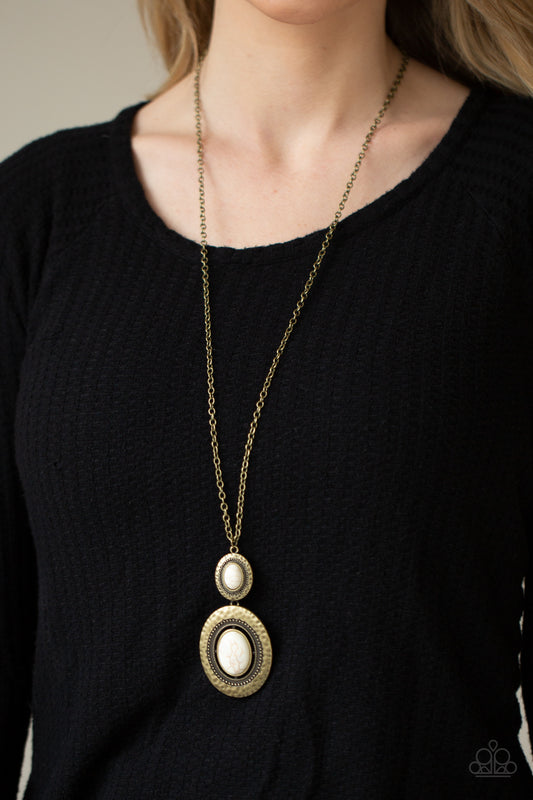 Paparazzi Southern Opera - Brass Long Necklace with Oval White Stone. #P2SE-BRXX-118XX