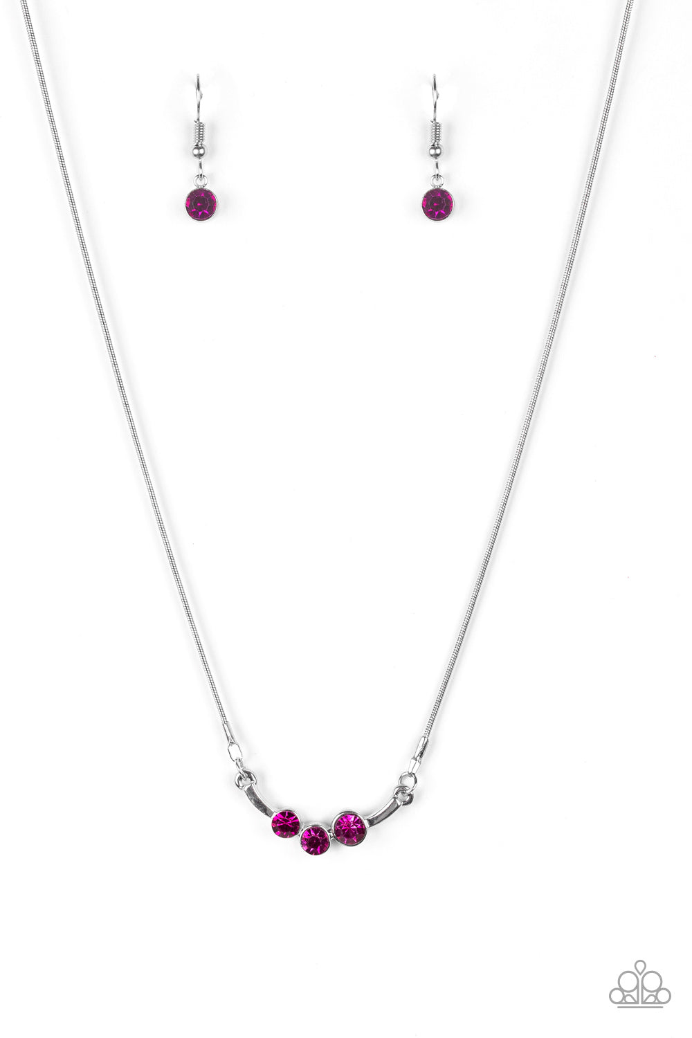 A trio of glittery pink rhinestones as Sparkling Stargazer Pink Necklace Paparazzi Accessories