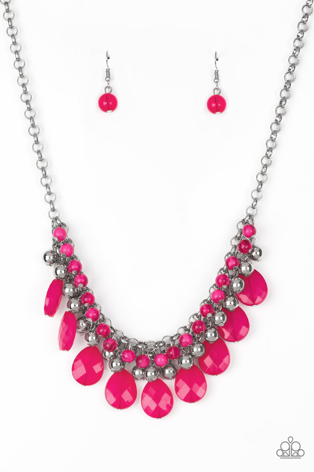 Trending Tropicana - Pink Necklace Paparazzi Accessories Opalescent Teardrop Beads